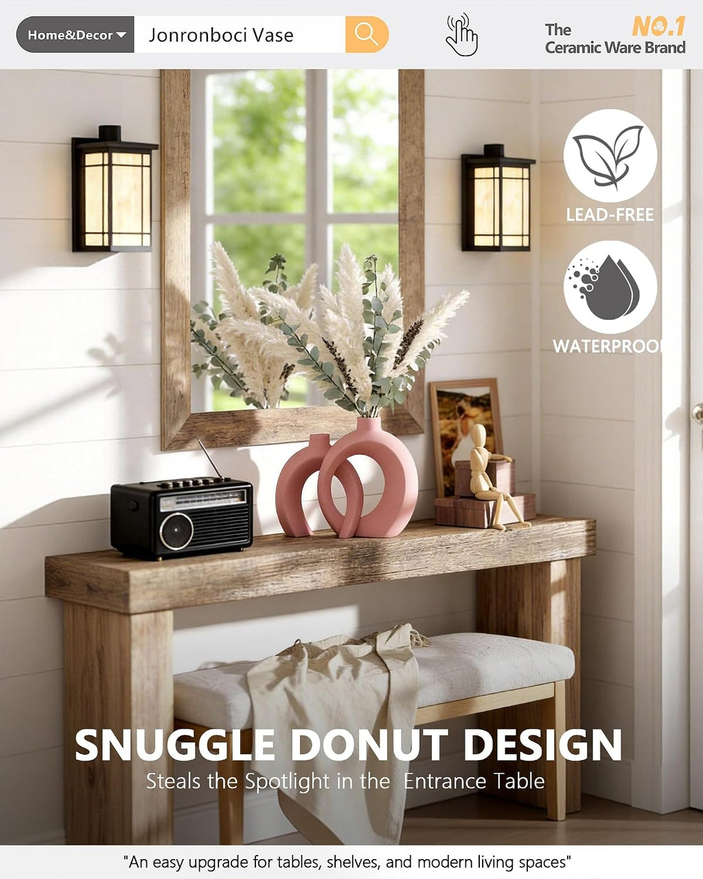 Set of 2 Pink Ceramic Vases for Home Decor Accents - Unique Hollow Donut Artistic Design Coquette Feminine Style Decorative Vases for Shelf, Mantel, Entryway Table Decor (Matte Pink)