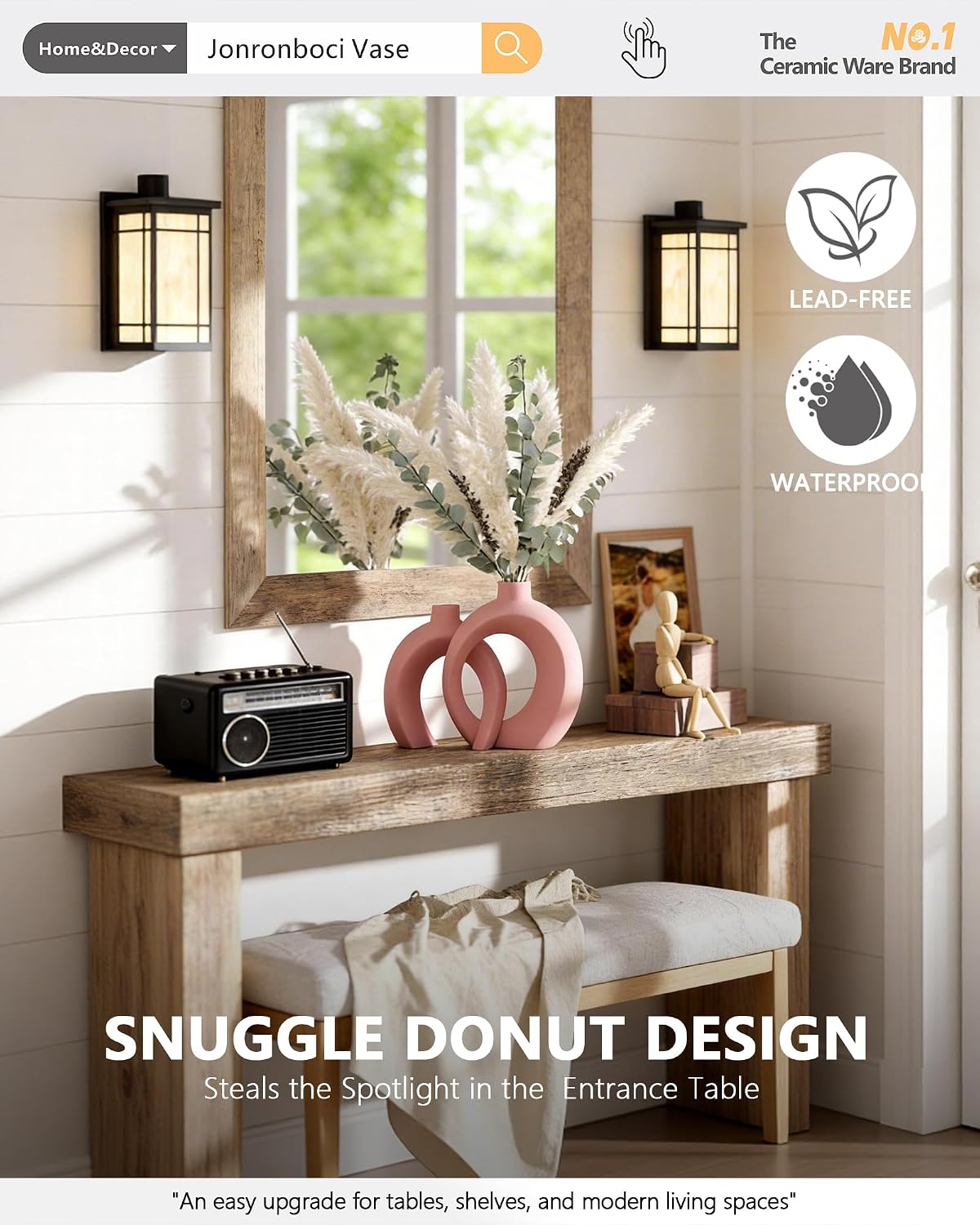 Set of 2 Pink Ceramic Vases for Home Decor Accents - Unique Hollow Donut Artistic Design Coquette Feminine Style Decorative Vases for Shelf, Mantel, Entryway Table Decor (Matte Pink)
