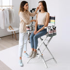 OmySalon Director's Chair 31" Height Folding Portable w/Storage Pouch & Footrest, Makeup Artist Chair for Salon, Events, Mobile, 250lb Capacity, White Wood Frame & Striped Canvas Seat