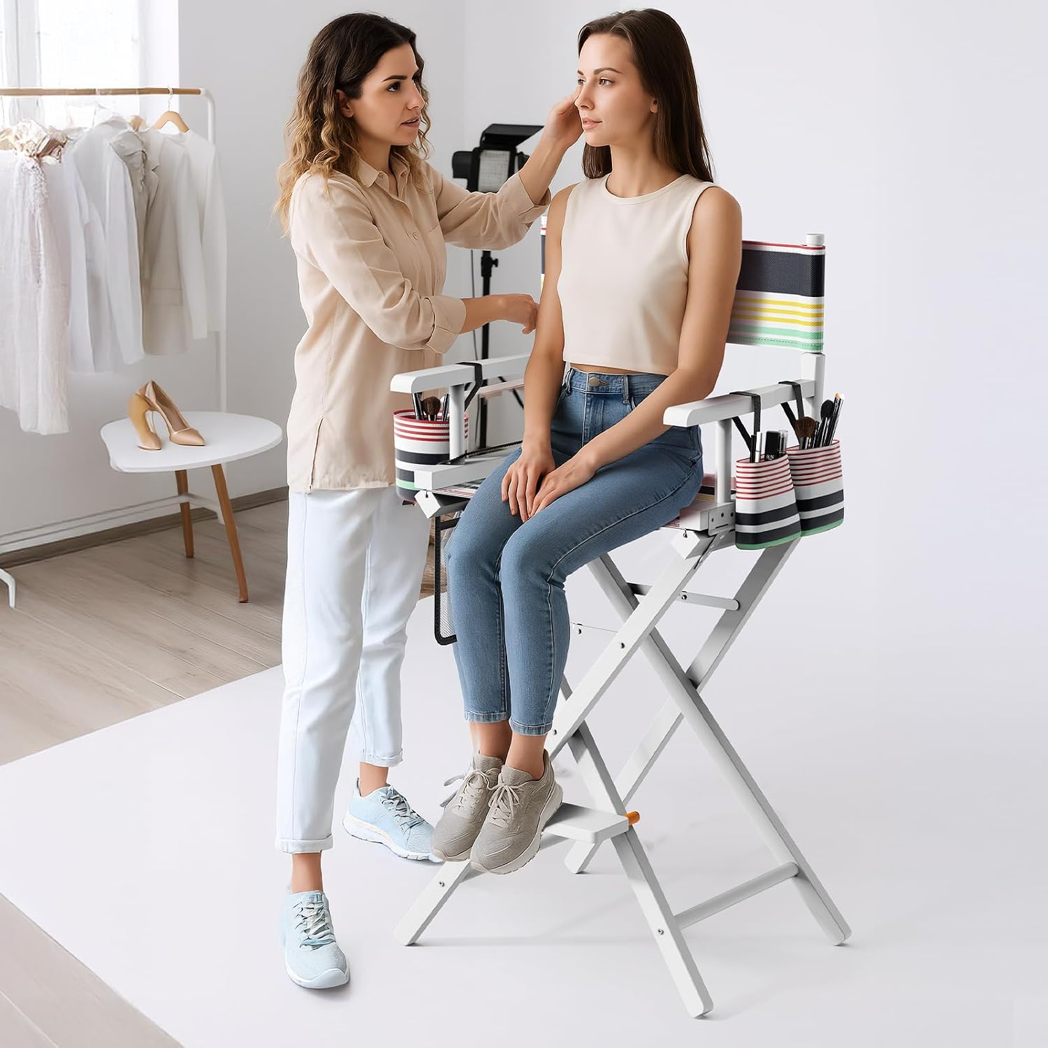 OmySalon Director's Chair 31" Height Folding Portable w/Storage Pouch & Footrest, Makeup Artist Chair for Salon, Events, Mobile, 250lb Capacity, White Wood Frame & Striped Canvas Seat