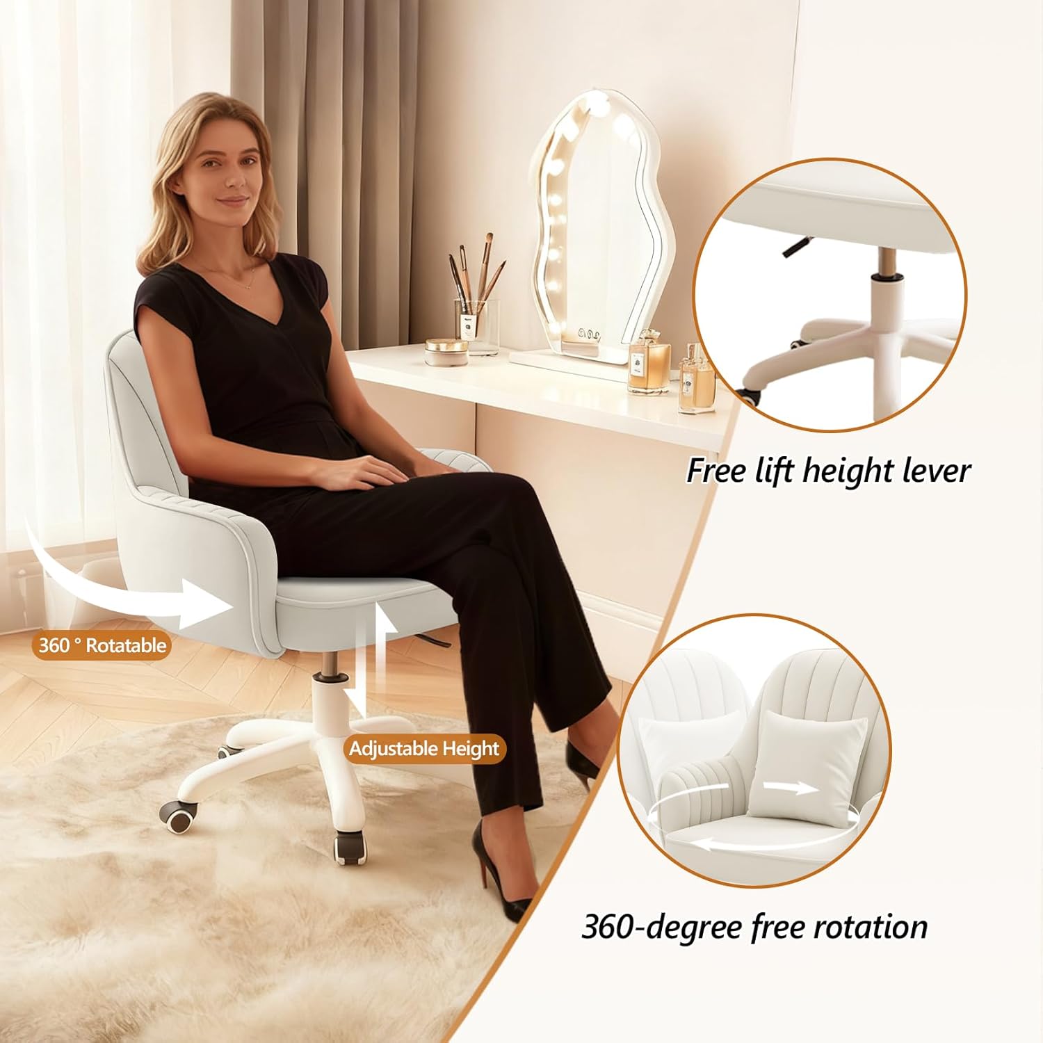 Mid-Back Velvet Desk Chair, Height Adjustable Swivel Vanity Chair with Wheels, Rolling Accent Chair for Home Office, Bedroom, Living Room, Cream