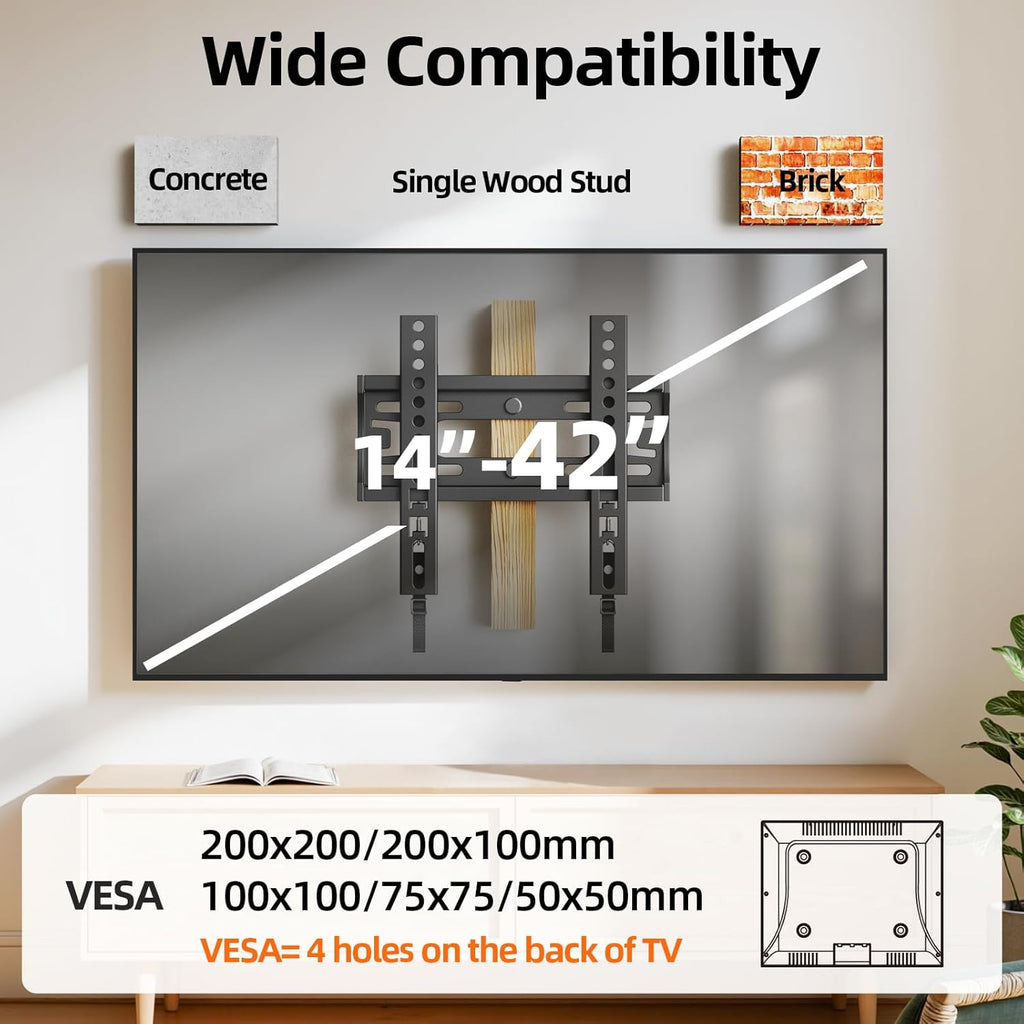 IWORBOARD 24 32 40 42 inch Fixed TV Monitor Wall Mount for 14-43 inch LED LCD Screen, Low Profile Small RV TV Mount, Easy Slim Flat Wall Bracket, Max VESA 200x200mm, 66lbs, Single Stud