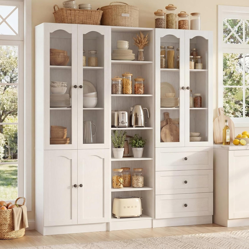 Cyclysio 80" Tall 3-Piece Pantry Cabinet Set, Large Kitchen Storage Cabinet with Arched Glass Doors, 3 Drawers & Open Shelving, Flush-to-Wall Bookshelf with Baseboard Cutout for Living Room, White