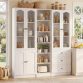 Cyclysio 80" Tall 3-Piece Pantry Cabinet Set, Large Kitchen Storage Cabinet with Arched Glass Doors, 3 Drawers & Open Shelving, Flush-to-Wall Bookshelf with Baseboard Cutout for Living Room, White