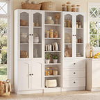 Cyclysio 80" Tall 3-Piece Pantry Cabinet Set, Large Kitchen Storage Cabinet with Arched Glass Doors, 3 Drawers & Open Shelving, Flush-to-Wall Bookshelf with Baseboard Cutout for Living Room, White