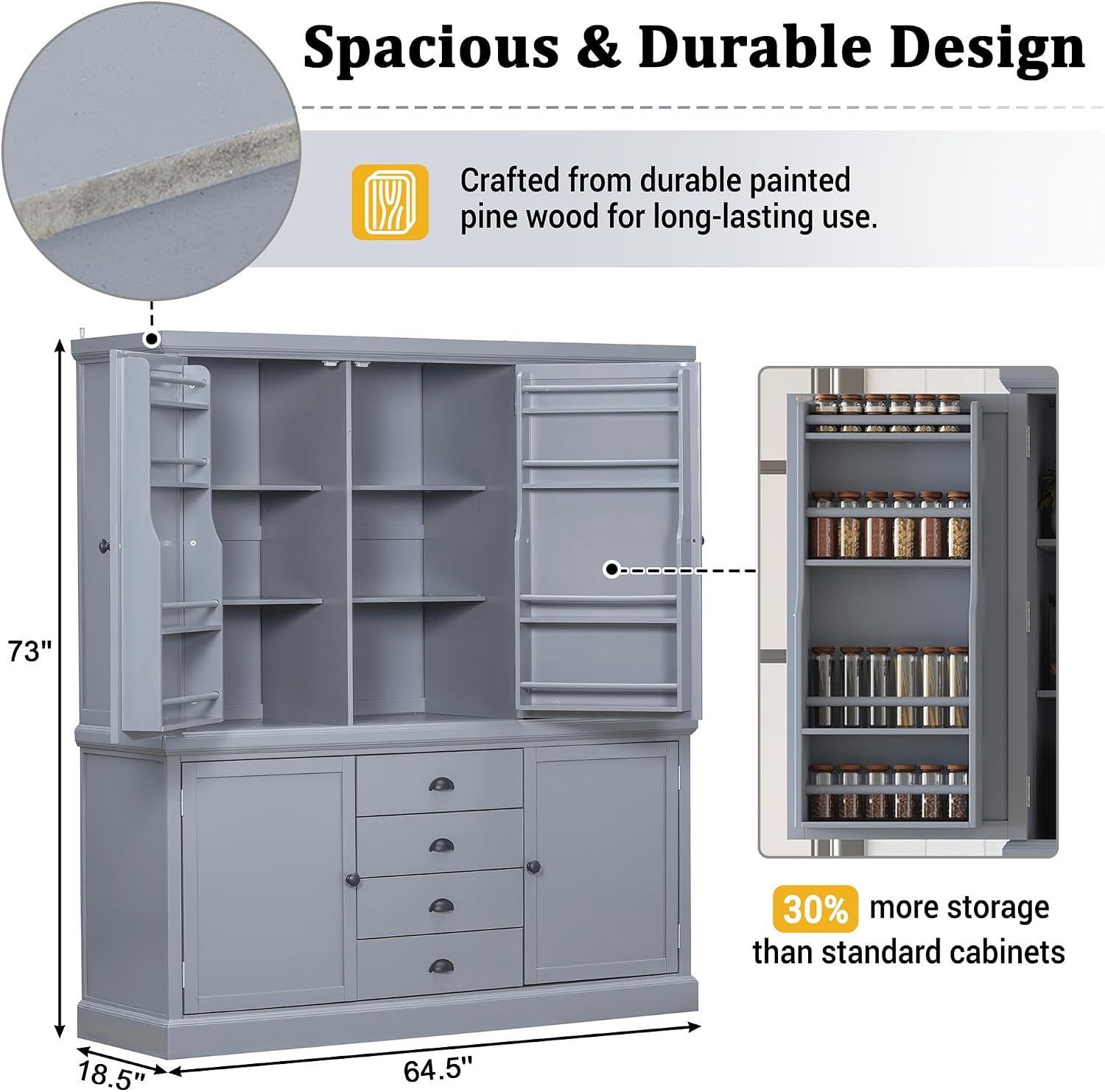 Polibi 73'' Freestanding Wooden Kitchen Pantry Cabinet with Drawers, Adjustable Shelves, and Magnetic Doors, Large Storage Organizer for Dining Room, Kitchen, or Utility Room, Gray