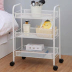 Storage Carts 3-Tier, Metal Utility Rolling Cart with Wheels, Snack Shelves, Fruit Basket Stand for Living Room, Kitchen, Office, with 360° Wheels & Hooks, White