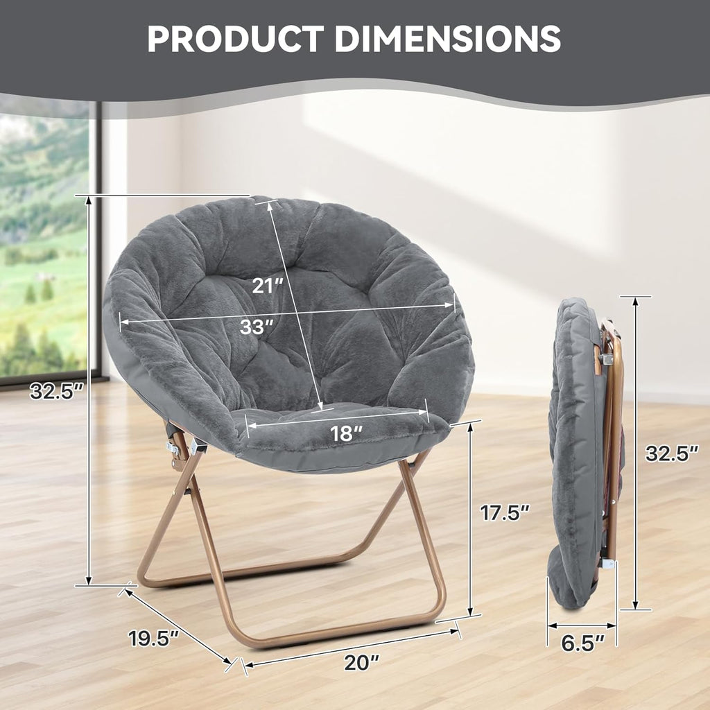 Magshion Saucer Chair for Adults, Comfy Living Room Lounge Chair for Bedroom Corner, Dorm, Apartment, Faux Fur Fluffy Circle Accent Seat with Thick Padded & Folding Metal Frame (Grey)