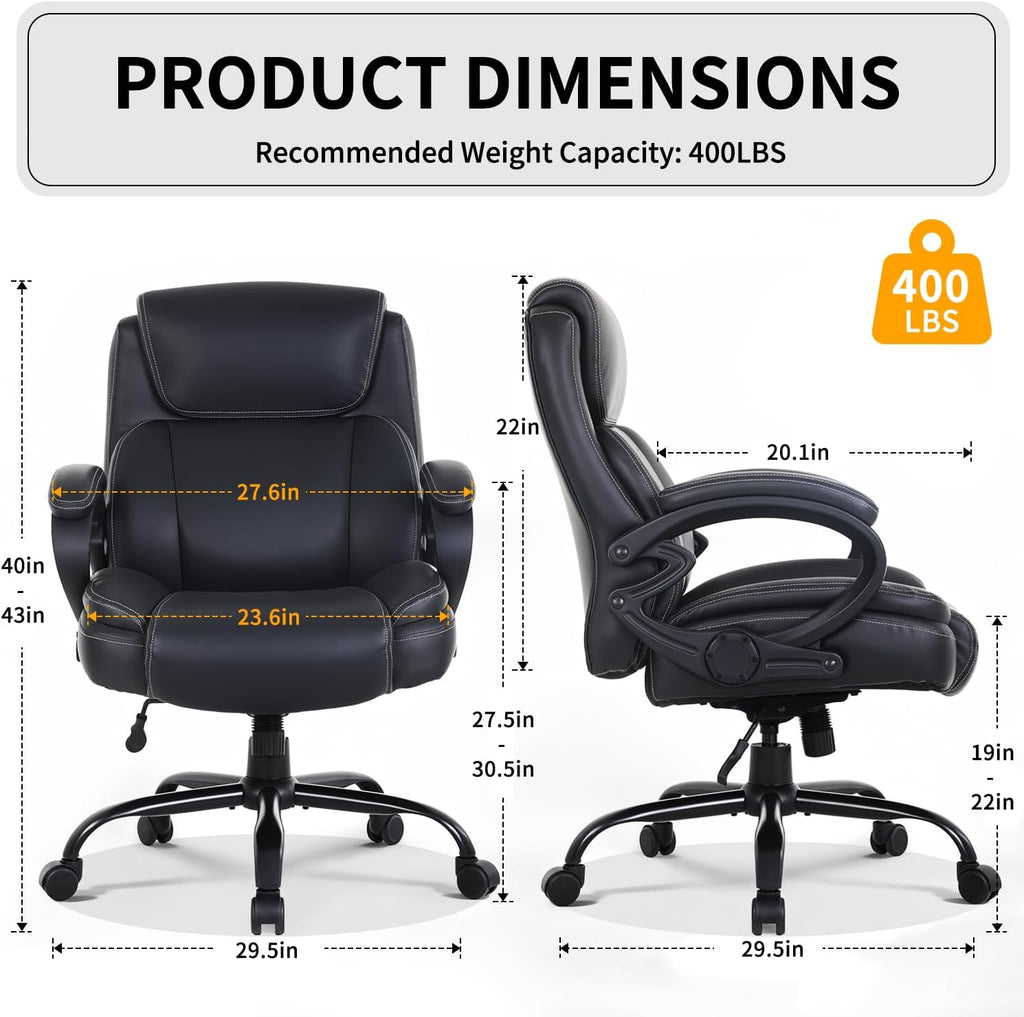 BestOffice Big and Tall Heavy Duty Office Chair 400lbs Wide Seat Ergonomic Computer Desk Chair with Arms and Lumbar Support High Back PU Leather Executive Task Computer Chair for Back Pain, Black