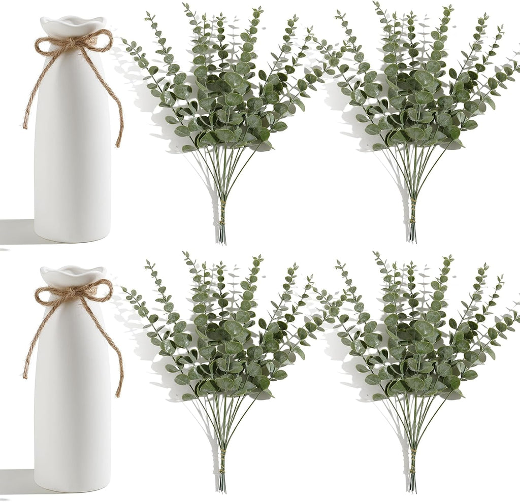 19" Fake Plants with Vase,40 Faux Eucalyptus Stems 2 White Ceramic Vases Realistic Artificial Plants indoor Artificial Greenery Stems in Vases for Centerpieces Bathroom Bedroom Modern Farmhouse Decor