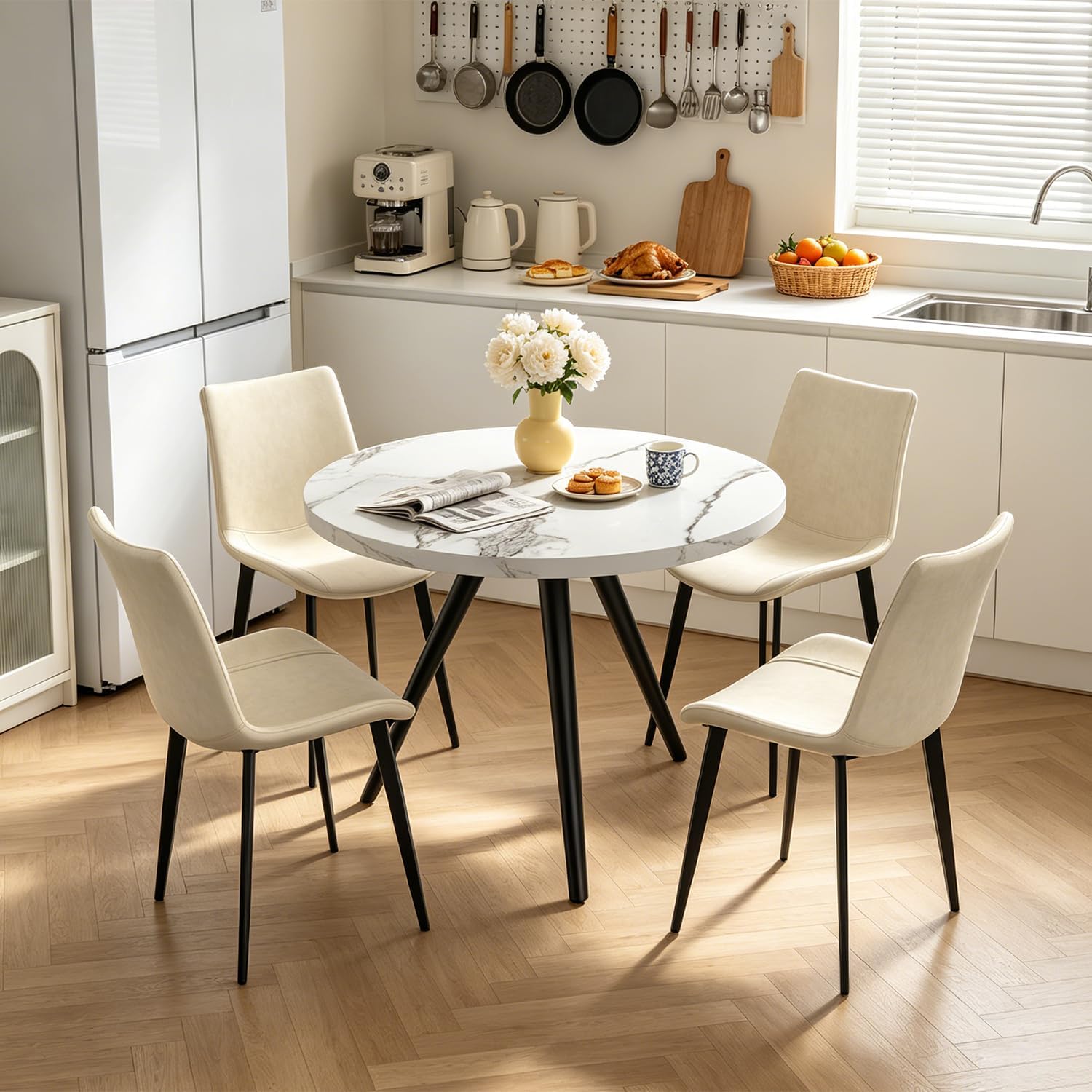 34.6" Round Dining Table Set for 4, Modern Kitchen Coffee Table Set with 4 Upholstered Leather Chairs, MDF Small Space Saving Dining Room Table and Chairs Set (White Table+4 Beige Chairs)
