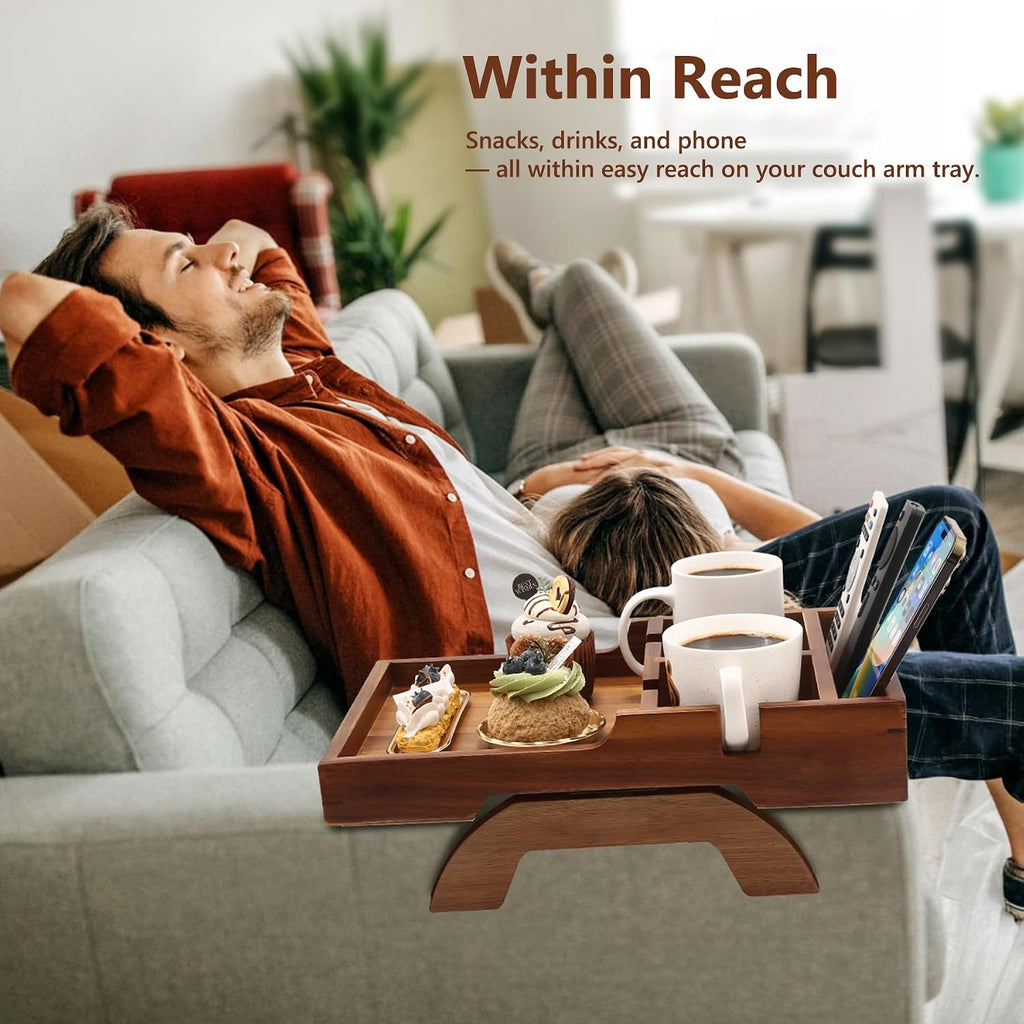 Couch Arm Table with Dual Cup Holders, Acacia Wood Sofa Arm Tray | Fits armless sofas & sectionals, foldable tray for drinks, snacks & remotes, storage slots for neat organization,15.35"x9.85"
