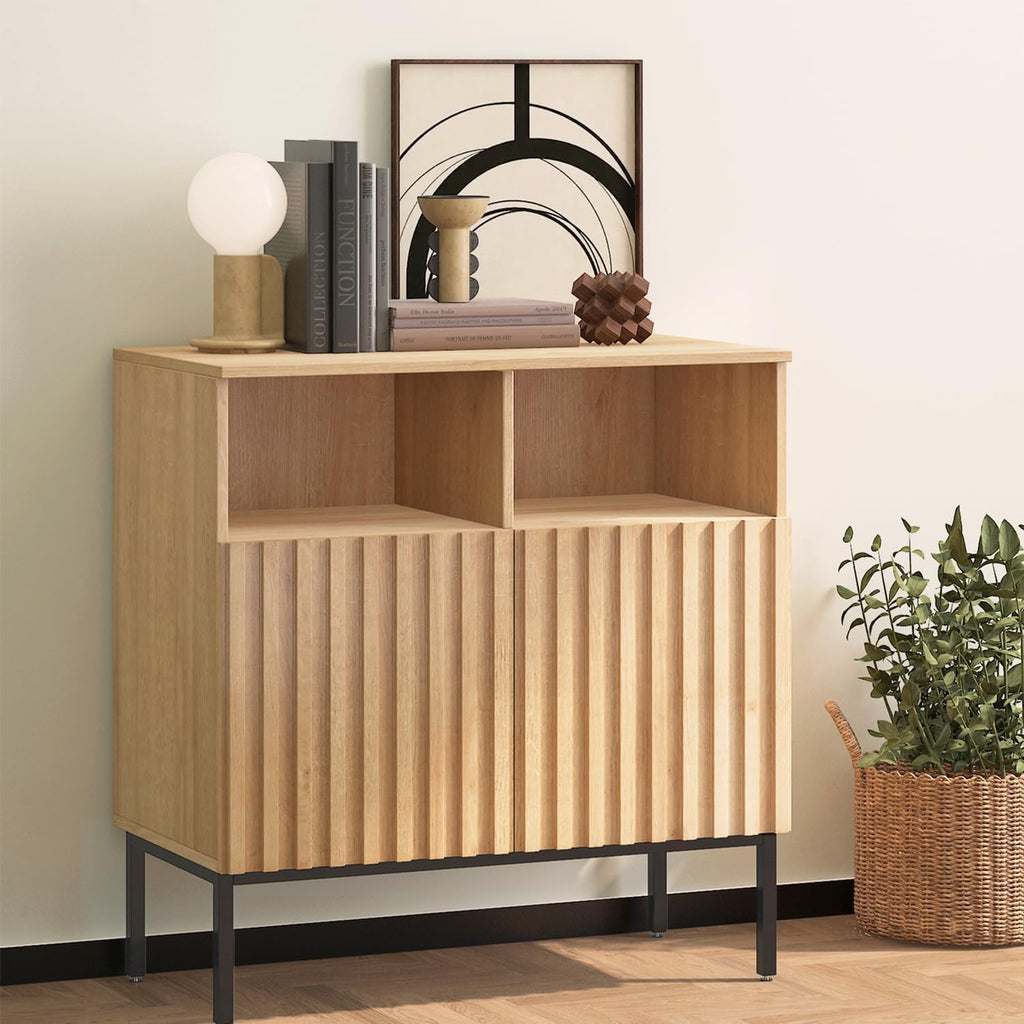 Oxford Fluted Storage Cabinet, Sideboard Buffet Credenza with Doors, Accent Console for Living Dining Room, Entryway, Natural Oak (Raised Panel, Two doors-1pc)