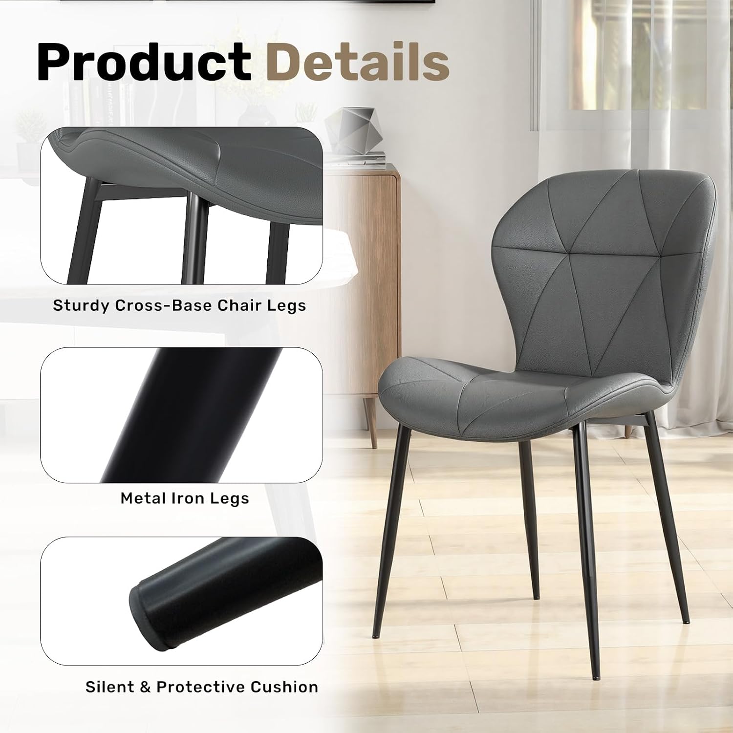 Dining Chairs, Modern Dining Room Chair Diamond Leather with Wooden and Metal Frame, Set of 2 (Gray)