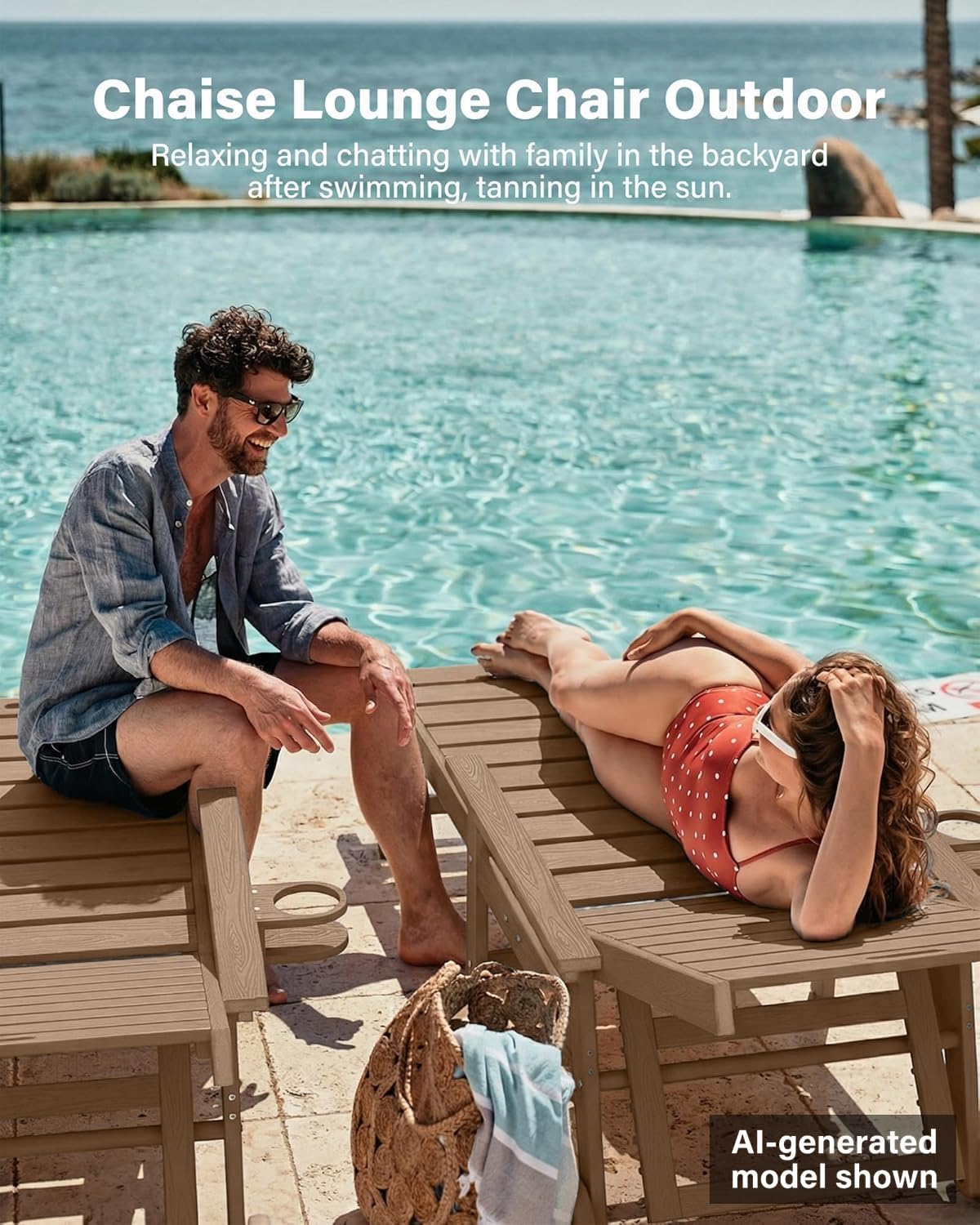 YEFU Lounge Chair Outdoor Set of 2: Outdoor Chaise Lounge with 5-Level Adjustable Backrest, Cup Holders & Wheels, All-Weather Resistance Chaise Lounge for Outside/Patio/Beach/Deck, Teak