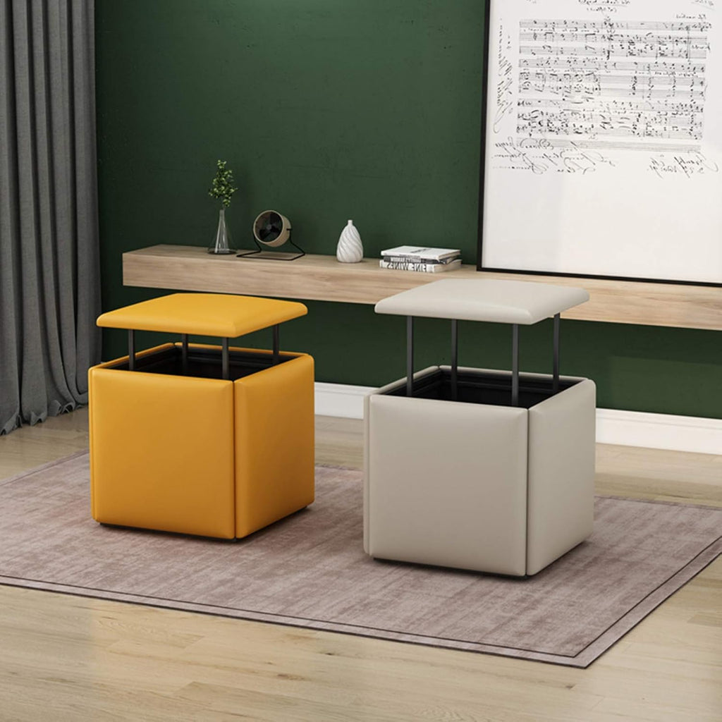 Blue Leather Square Stool with Storage Footstool and Padded Seat
