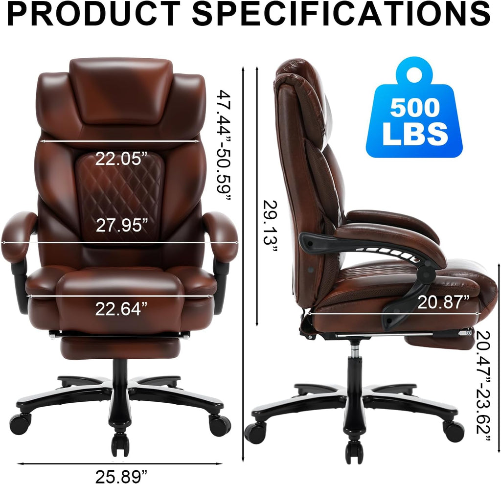 Big and Tall Recliner Office Chair with Footrest, Wide Seat Heavy Duty Reclining Office Desk Chair for 500lbs Heavy People, Black Brown