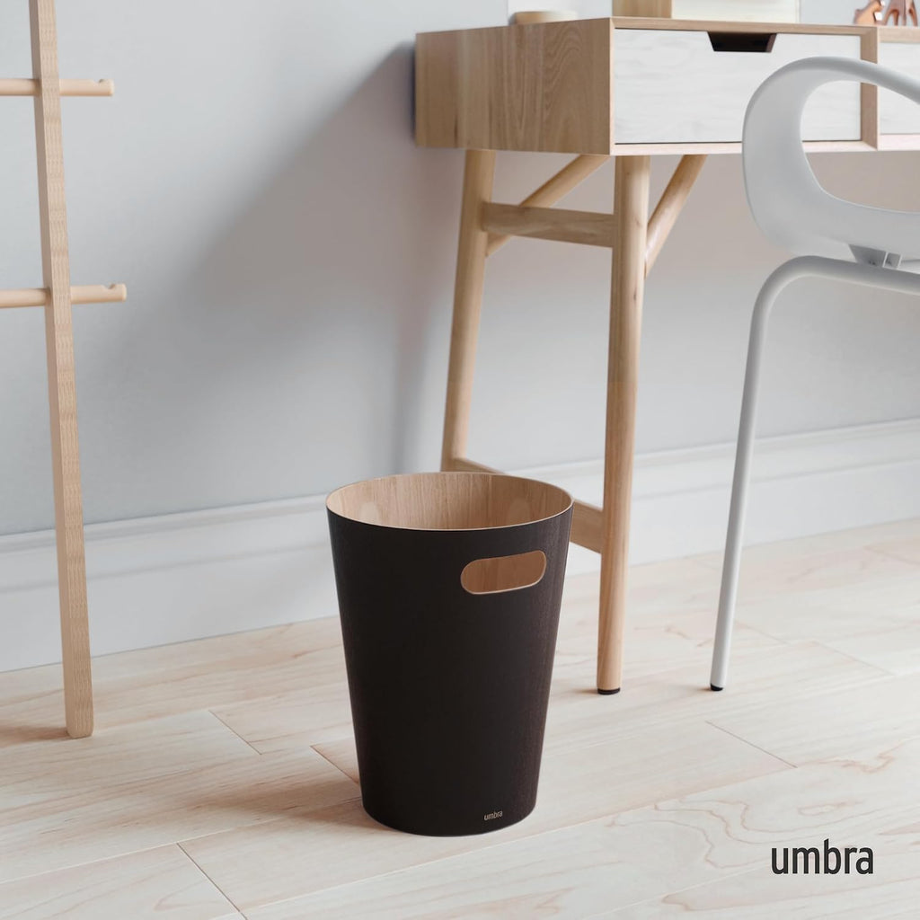 Umbra Woodrow 2-Gallon Modern Wooden Trash Can Wastebasket, Attractive Bin for Garbage or Recycling, Suitable for Home or Office, Black