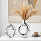 Ceramic Vase Set of 2 for Modern Home Decor,Round Boho Vase for Pampas Grass,Neutral Minimalist Statue for Dining Room Table Centerpiece Dining Room,Wedding Table Decoration (Silver1)