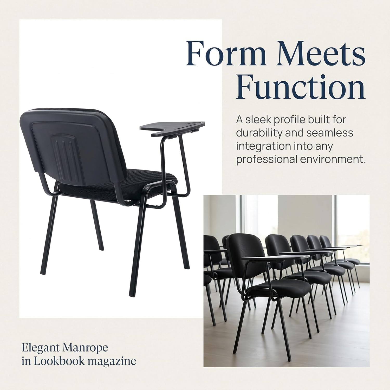 HNY Black Tablet Arm Chairs Set of 5, Mesh Office Waiting Room Guest Nesting Stacking Chairs, Reception Chairs with Flip-Up Table Conference Chair for School Classroom Training Meeting Room