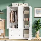 VINGLI Armoire Wardrobe Closet with Doors and Mirror,47"W Wardrobe Cabinet Wooden with Hanging Rod & Shelves Inside, 4 Door Bedroom Armoires with Drawers, Modern White Freestanding Armoire for Bedroom
