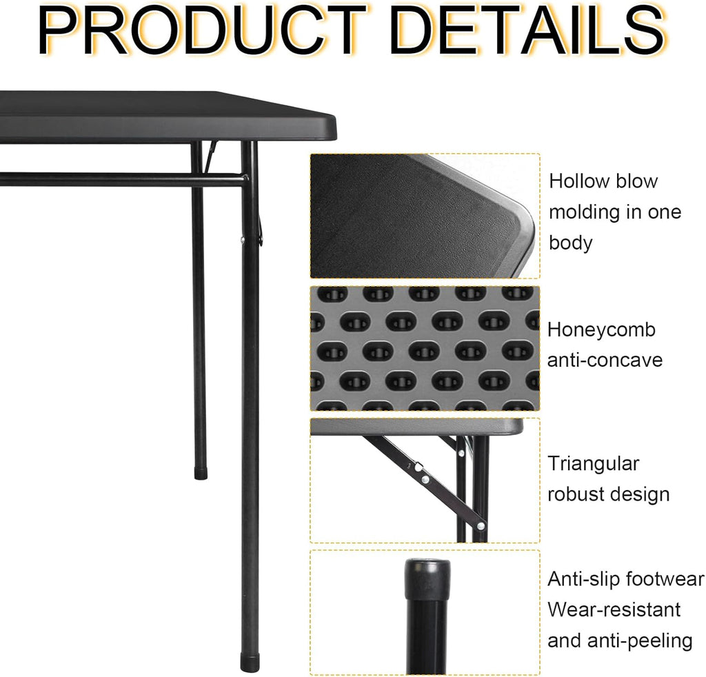 3ft Rectangular Folding Table, All-Occasion Plastic Event Table for Indoor and Outdoor, Portable Desk, Camping, Durable and Stable, HDPE and Steel, Wide Application, Black