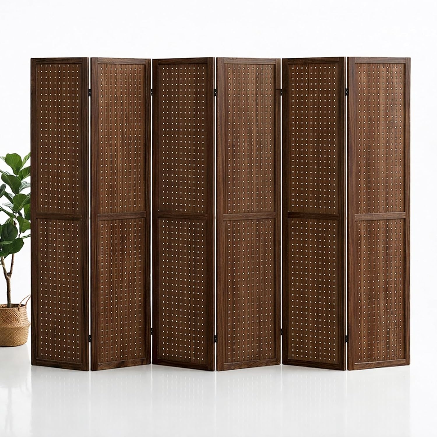 6 Panel Pegboard Room Divider, 5.6 Ft Folding Privacy Screen, Freestanding Wooden Display Board Organizer for Craft Show, Jewelry Display, Bedroom, Office, Brown