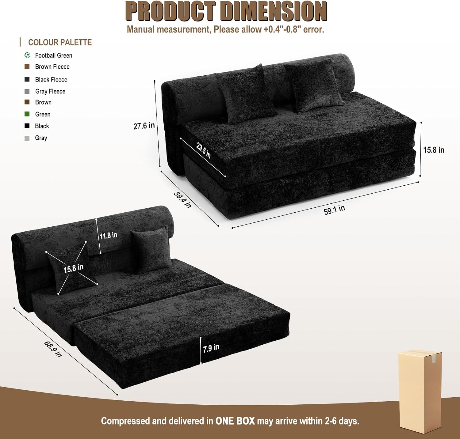 59" Convertible Sofa Bed with High Backrest & Washable Cover, Compression Boneless Couch in a Box, Sectional Loveseat Floor Sleeper Sofa for Bedroom, Living Room, BlackFleece