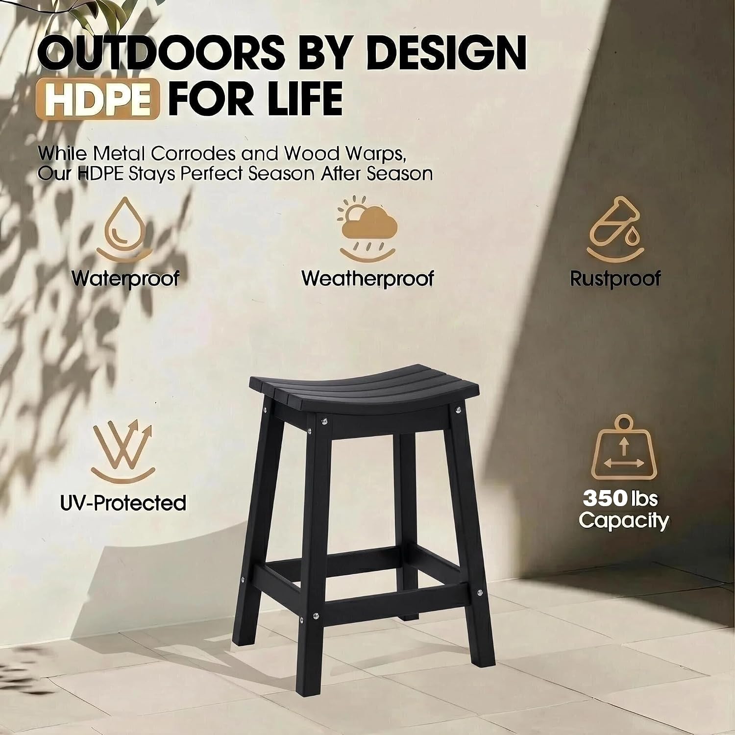 AMILY 24'' HDPE Bar Stool Set of 2, Weather Resistant Outdoor Bar Stools, Heavy Duty All-Weather Patio Stools for Poolside, Backyard, Balcony, Easy Assembly (Black)