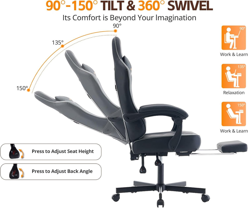 Gaming Chair with Footrest, Ergonomic Reclining Computer Chair, Height Adjustable, Lumbar Support, Adjustable Headrest, 360° Swivel High Back Chair for Home, Gaming (Grey Leather)