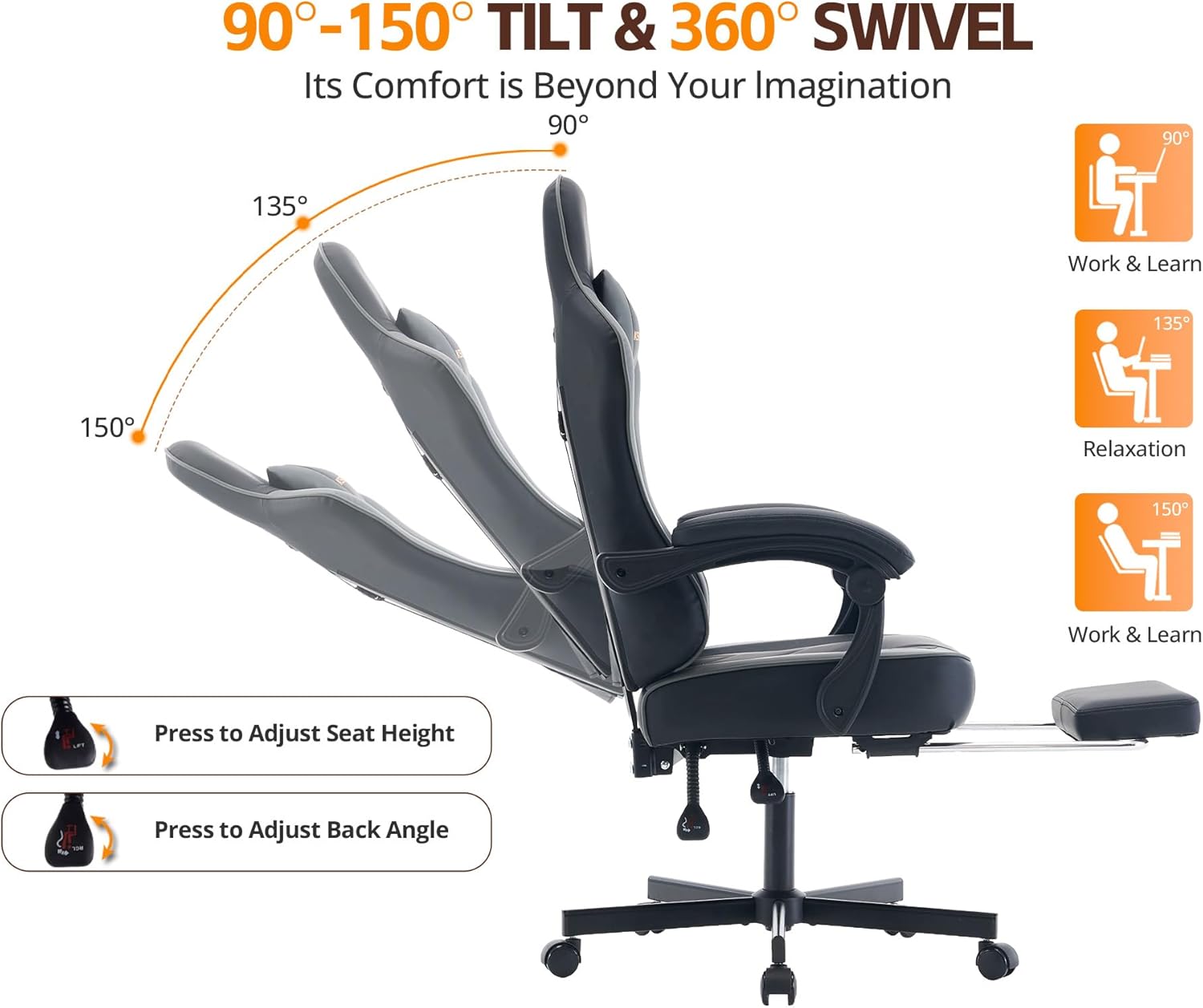 Gaming Chair with Footrest, Ergonomic Reclining Computer Chair, Height Adjustable, Lumbar Support, Adjustable Headrest, 360° Swivel High Back Chair for Home, Gaming (Grey Leather)