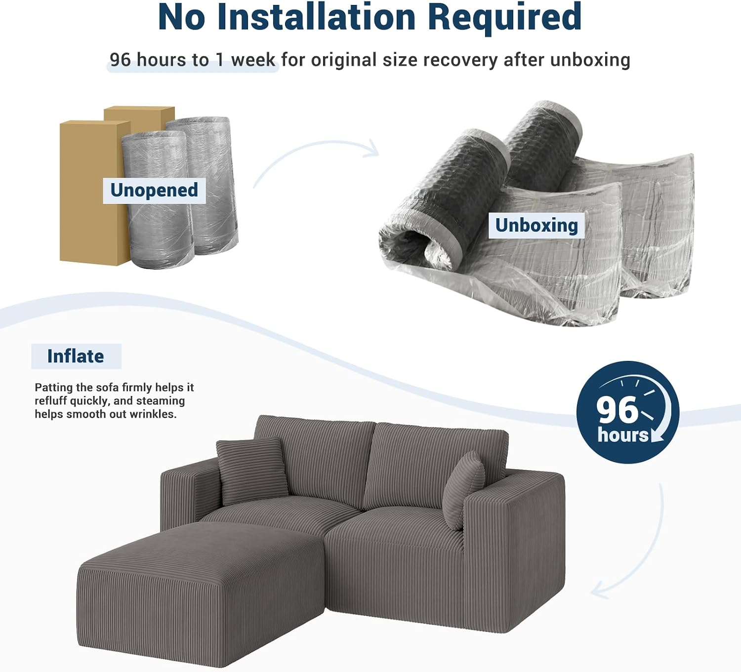 Modular Sleeper Sofa Couch Modern Sectional Couches for Living Room - 79" L-Shaped Boneless Cloud Couch - Easy Assembly Corduroy Convertible Sponge Compression Sofas with Chaise for Home House(Grey)