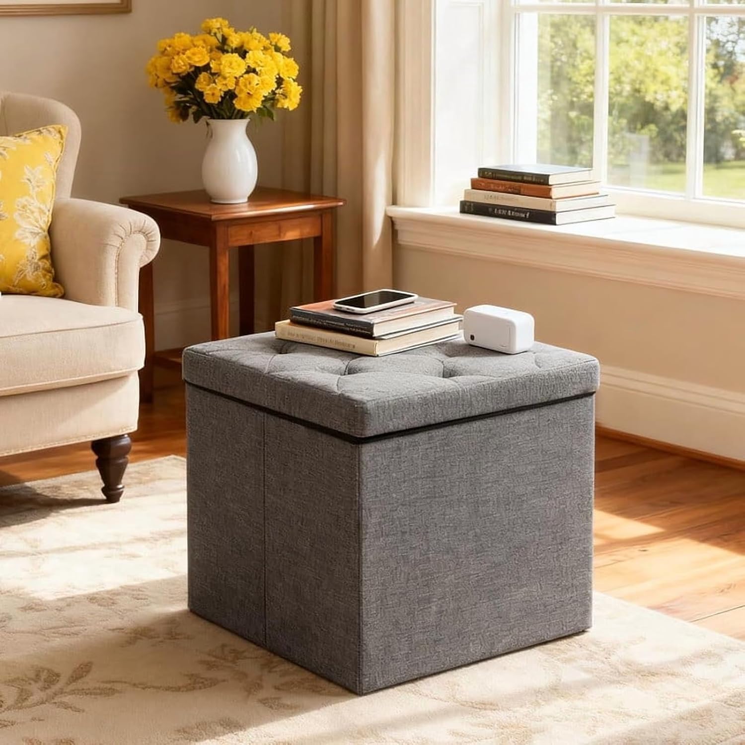 Storage Footstool, 15x15x15 inches, can Support up to 350 pounds. | Large capacity, sturdy, easy to maintain, and space-saving.