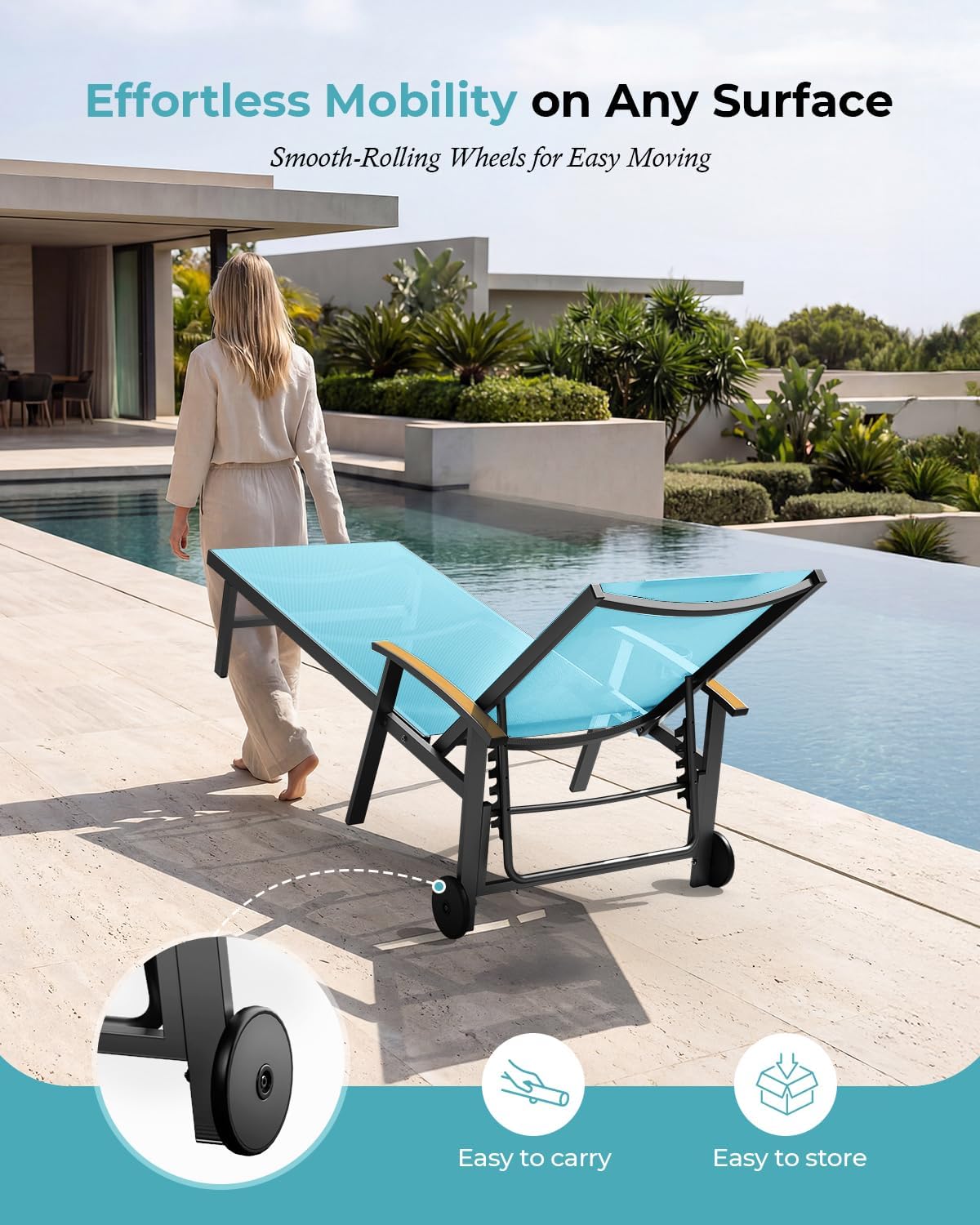 Ciokea Outdoor Lounge Chair with Pillow, 5-Position Chaise Lounge with Wheels & Armrests, 400 lbs Heavy Duty Aluminum Pool Lounger for Beach, Deck, Backyard & Poolside, Lake Blue