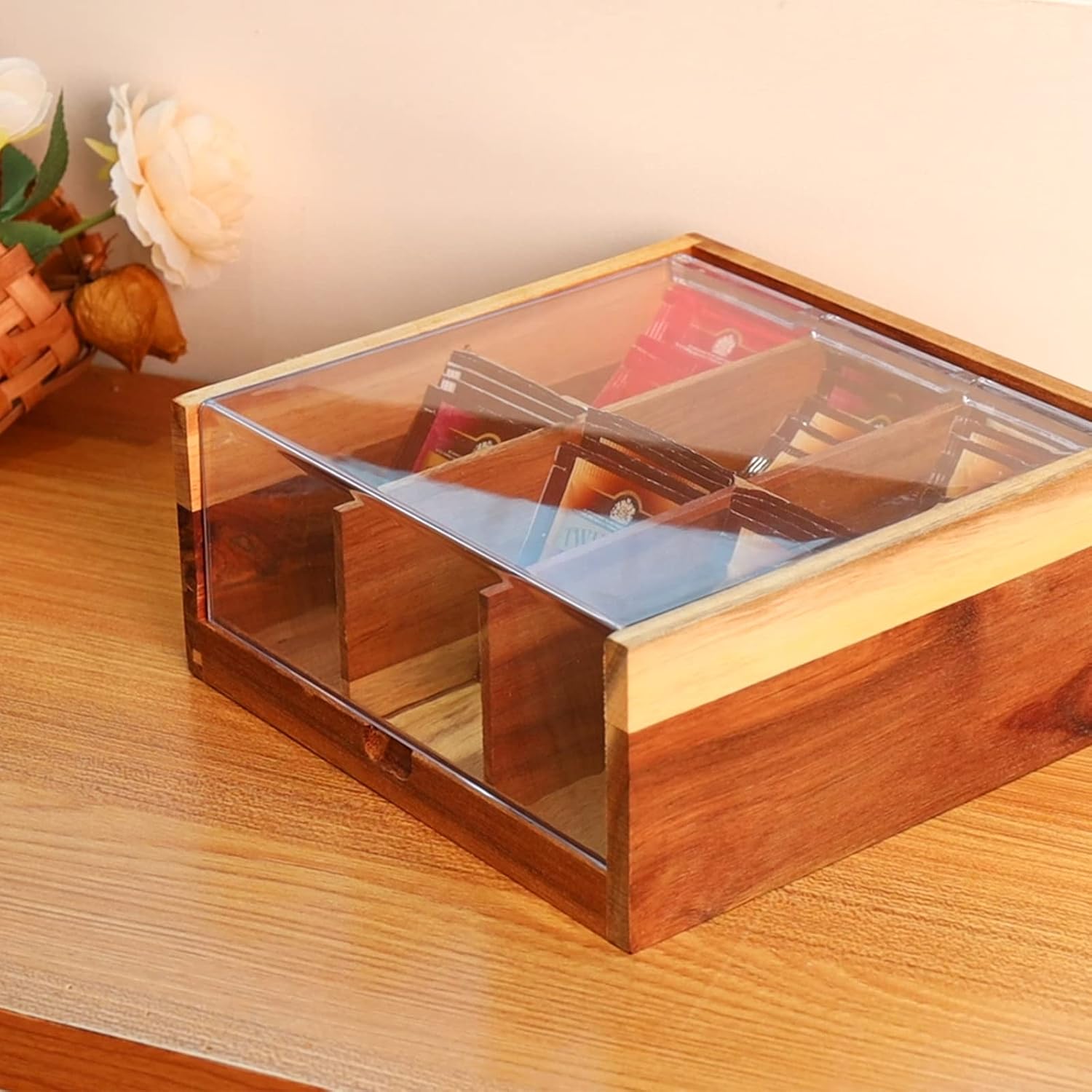 HTB Acacia Wood Tea Bag Organizer Storage Box with 6 Compartments | Tea Chest Box with Clear Acrylic Transparent Hinged Lid,Tea Bag Holder for Kitchen,Office,Bar,Coffee Station