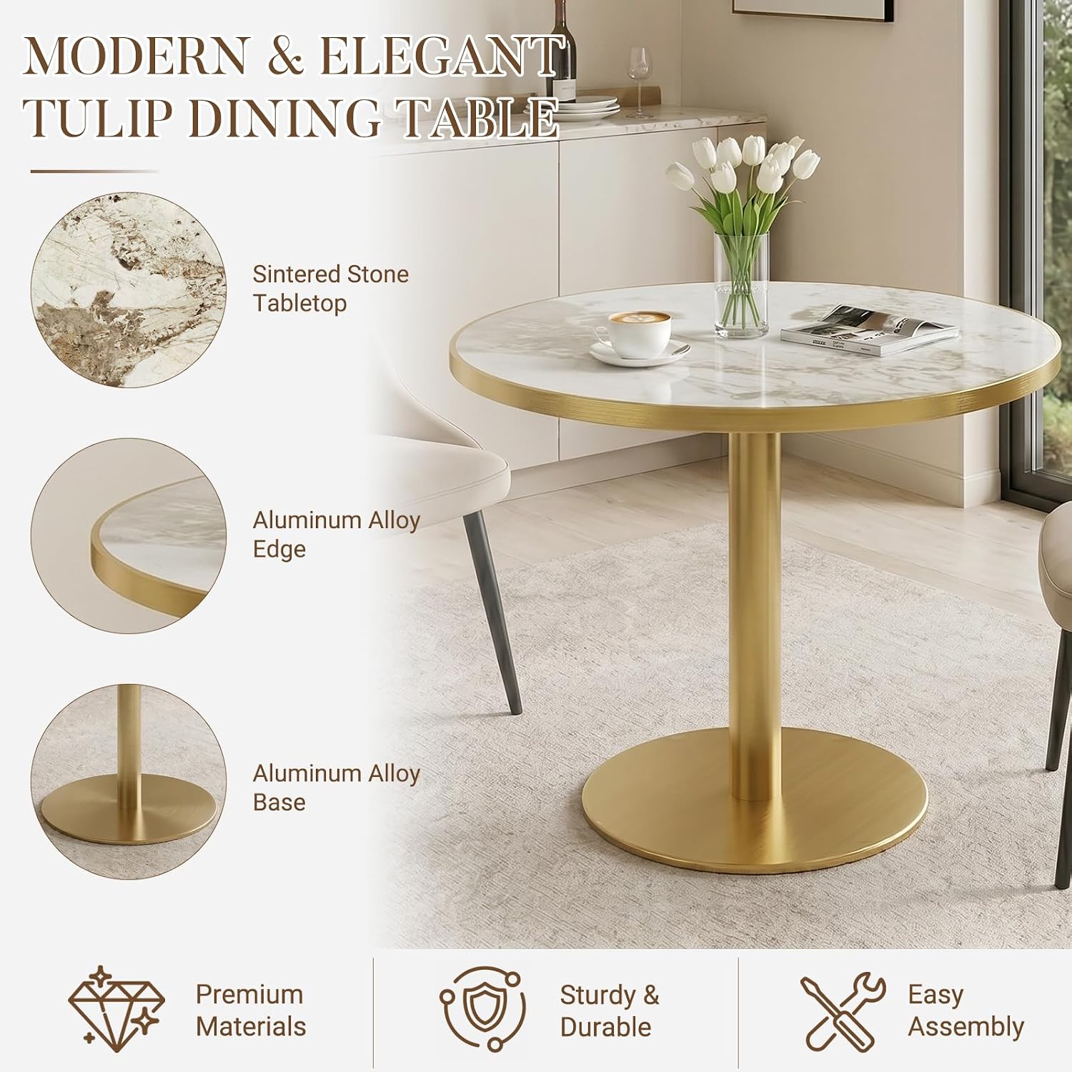 31.5" Tulip Table with Sintered Stone Tabletop and Golden Metal Pedestal, Small Round Dining Table for 2-4 Person, Modern Bistro Table for Kitchen, Small Spaces, Living Room, Cafe (Glossy Pandora)