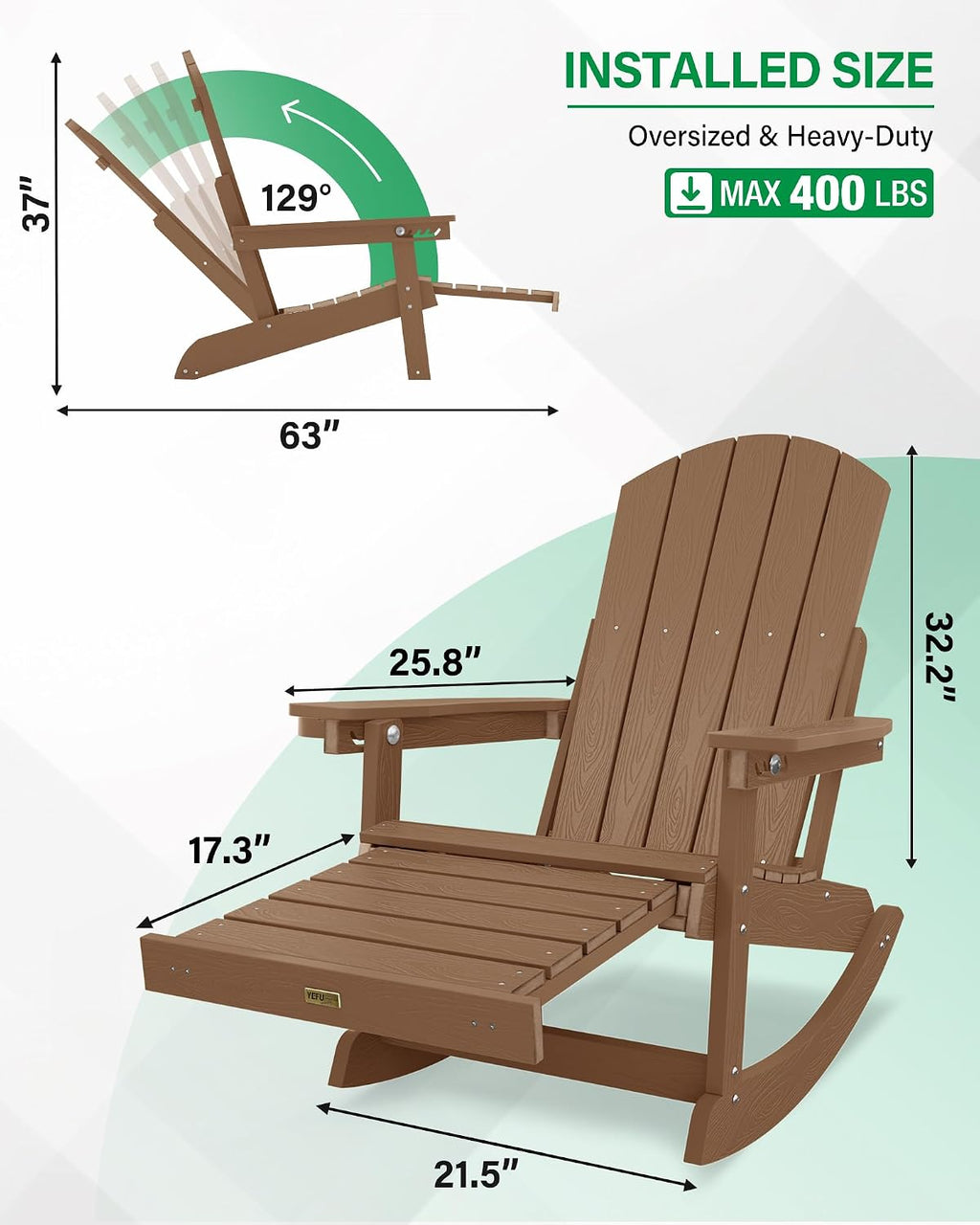 YEFU Adirondack Chairs with Retractable Ottoman: Oversize Adirondack Rocking Chairs - 5-Level Adjustable High Back - Outdoor Rocker with Cup Holder for Porch/Gardens/Lawn/Patio/Backyard/Teak