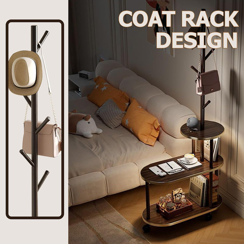 End Table with Coat Rack 3-Tier Couch Side Table with Storage for Small Space Rolling Bedside Tables for Living Room Bedroom 60x30x169CM (Brown)