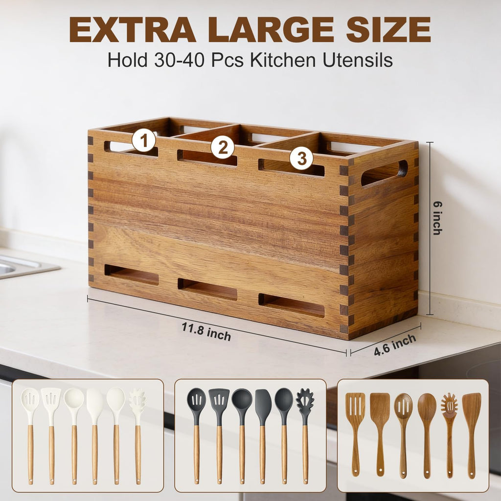 Extra Large Acacia Wood Utensil Holder for Kitchen Counter Decor Rustic Wooden Spatula Holders Cooking Utensils Organizer Countertop Silverware Caddy Spoon Kitchen Tool Holder Farmhouse Utensil Crock