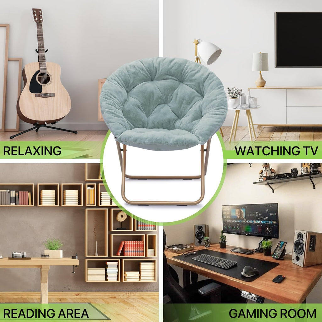 Magshion Folding Saucer Chair for Adults with Ottoman, Circle Reading Chair for Bedroom, Living Room & Dorm, Furry Comfy Accent Seat with Metal Leg & Thick Padded for Small Spaces (Teal, 2 Pack)