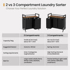 SwaaVee Laundry Sorter, Laundry Hamper 3 Section, 3×11.4Gal, Metal Frame Rolling Laundry Basket with Wooden Top Shelf, Pull out and Removable Laundry Bags, 3 Bags-Black