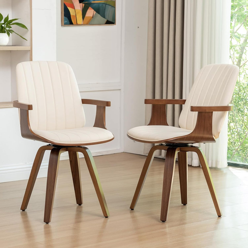 Swivel Dining Chairs Set of 4, Mid Century Modern Dining Chairs with Walnut Craftsmanship, Upholstered Faux Leather , Wooden Arms and Legs, Kitchen Chairs with Arms for Kitchen/Living Room - Beige