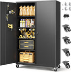 Metal Garage Storage Cabinet with Locking Doors and Adjustable Shelves, Wide & Deep Storage Cabinet on Wheels, 71" Rolling Tool Cabinet for Garage, Basement, Home Office