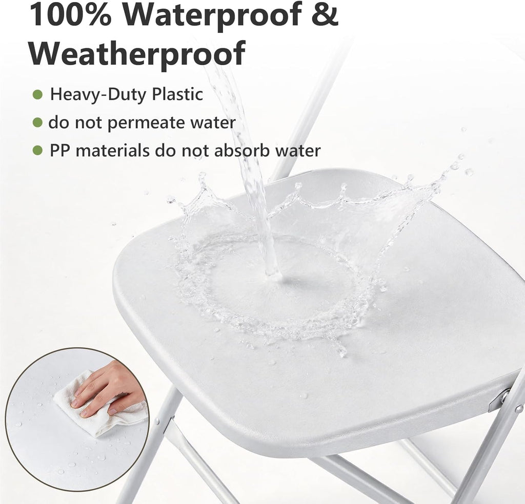 White Folding Chairs 6 Pack, Plastic Folding Chairs for Outside, Heavy Duty Foldable Chairs, Sturdy Metal Folding Chairs, 350 lbs Capacity, for Patio, Garden, Party