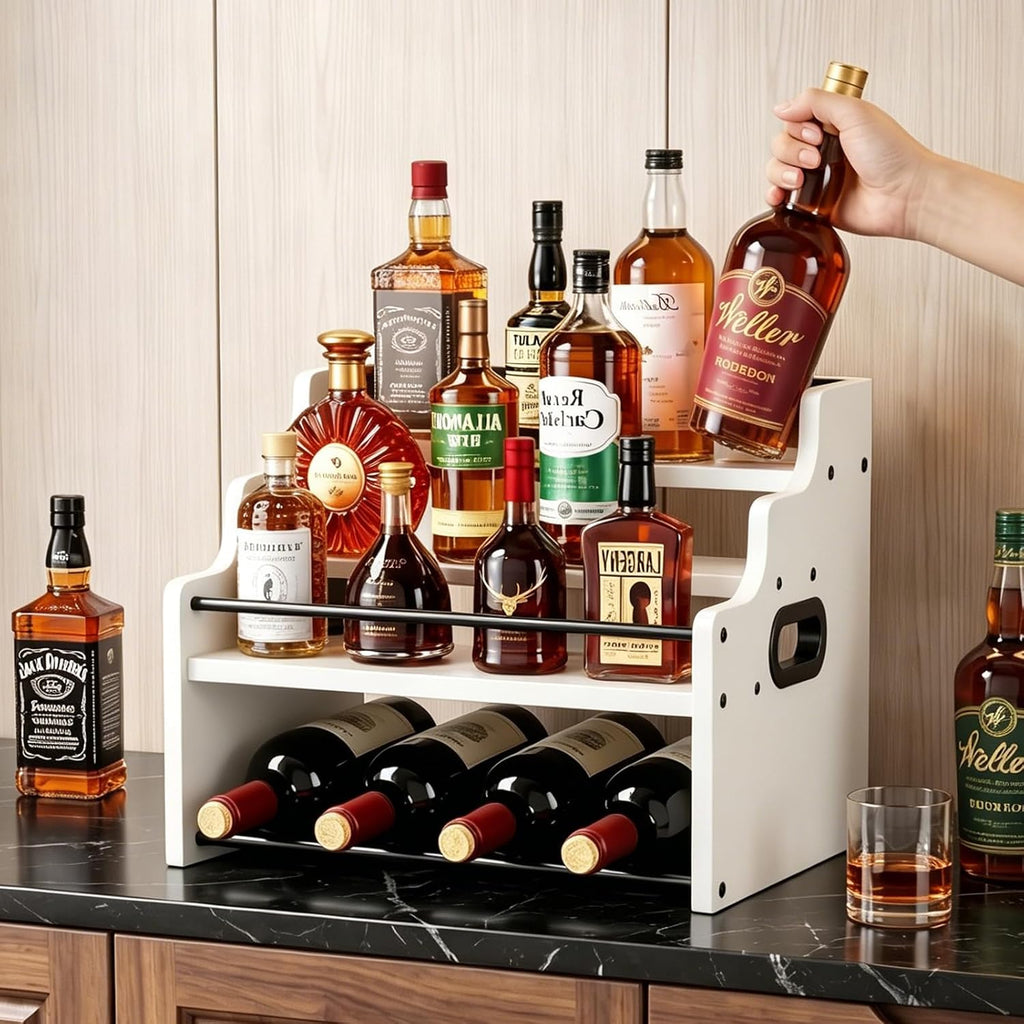 4-Tier Wood Display Shelf Wine Rack for 16 Bottles Wood Coffee Syrup Organizer with Handles Home Whiskey Shelf Retro Mini Liquor Cabinet Spice Rack Coffee Bar Shelves, White