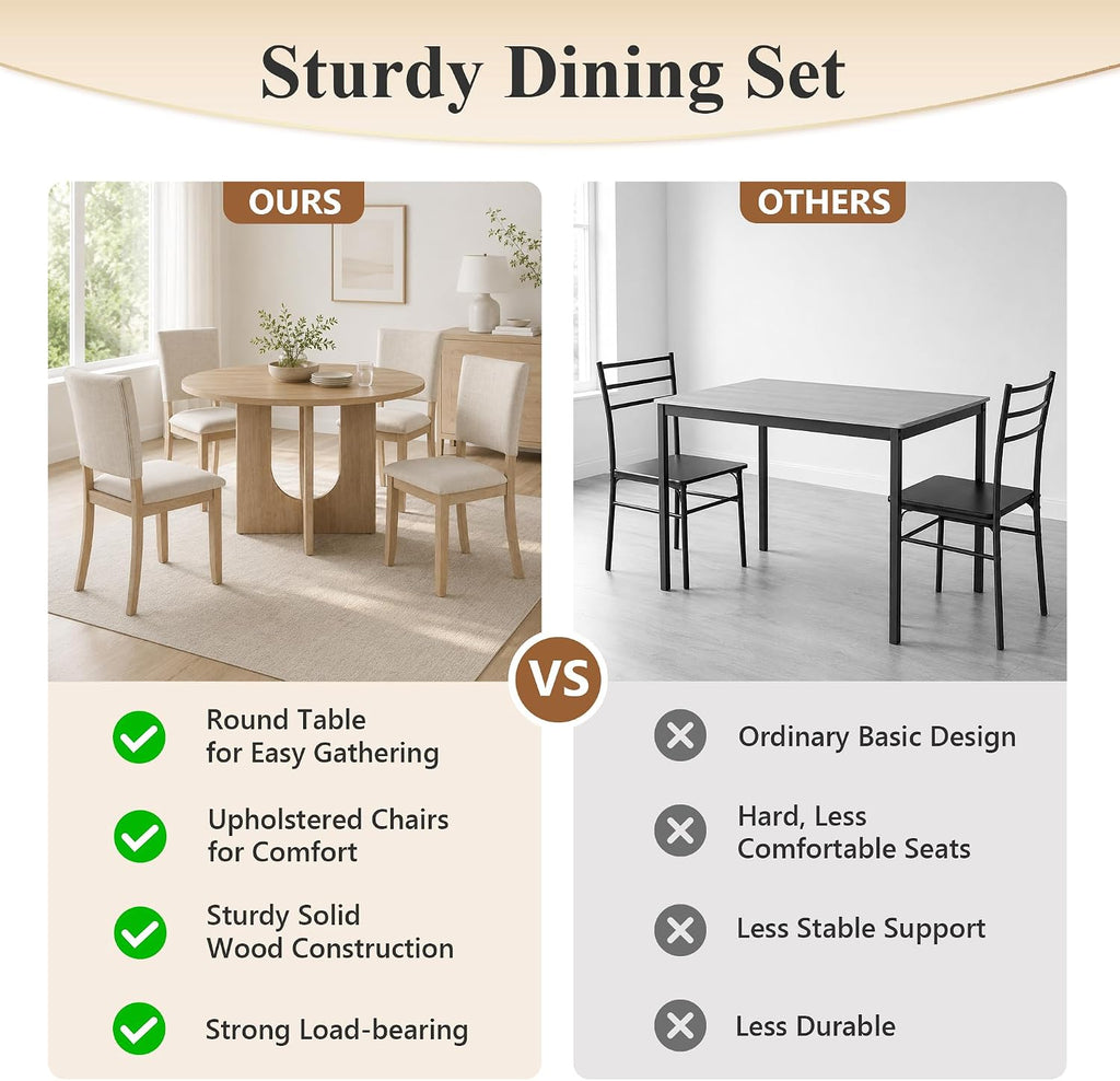 5-Piece Round Dining Table Set for 4, 47" Kitchen Table, Natural | U-Shaped Pedestal Base, Round Tabletop, 4 Upholstered Fabric Chairs, Space Saving Dinner Table for Dining Room, Kitchen