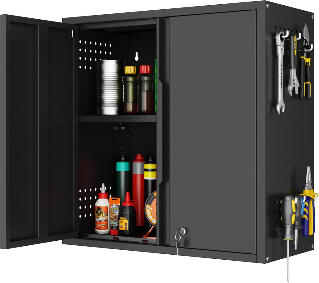 Garage Wall Cabinet, Metal Wall Cabinet with 2 Doors | 26'' Black Wall Mounted Floating Tool Cabinets for Home Office, Warehouse, Kitchen, Bathroom, Utility Room
