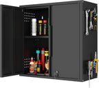 Garage Wall Cabinet, Metal Wall Cabinet with 2 Doors | 26'' Black Wall Mounted Floating Tool Cabinets for Home Office, Warehouse, Kitchen, Bathroom, Utility Room