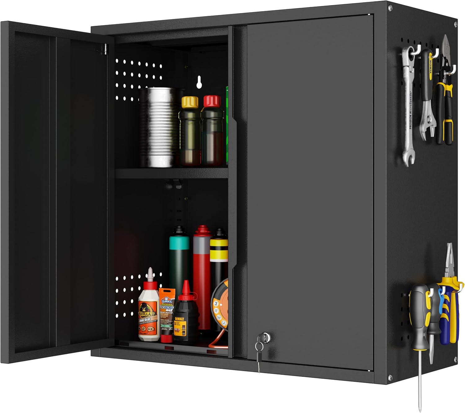 Garage Wall Cabinet, Metal Wall Cabinet with 2 Doors | 26'' Black Wall Mounted Floating Tool Cabinets for Home Office, Warehouse, Kitchen, Bathroom, Utility Room