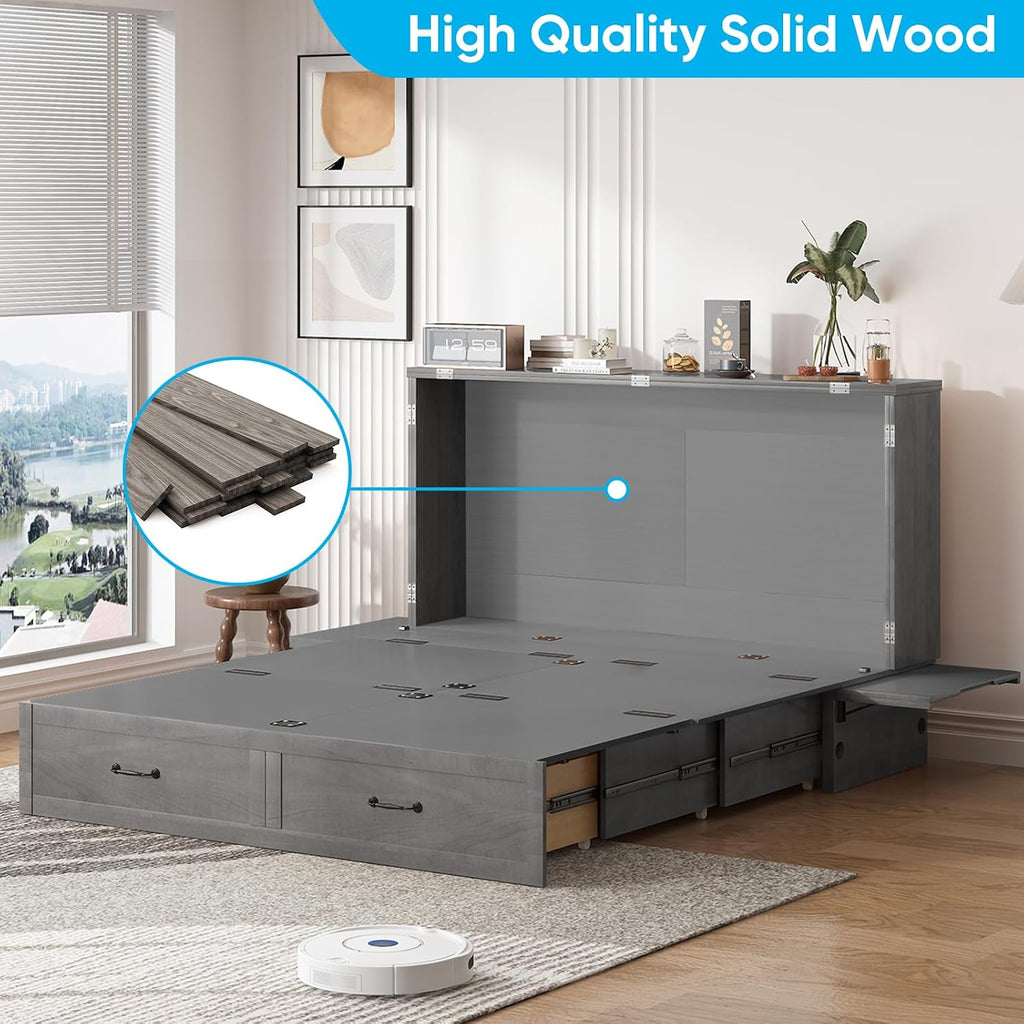 Mjkone Murphy Cabinet Bed, Queen Size No Mattress, Grey | Foldable Mattress, Guest Cabinet Murphy Beds with USB Ports, Cube Cabinets Chest Wall Beds with Drawers